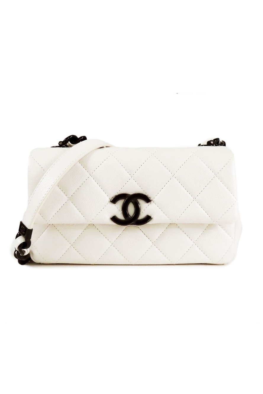 Chanel CC Logo Flap White Black Caviar Leather Chain Shoulder Bag